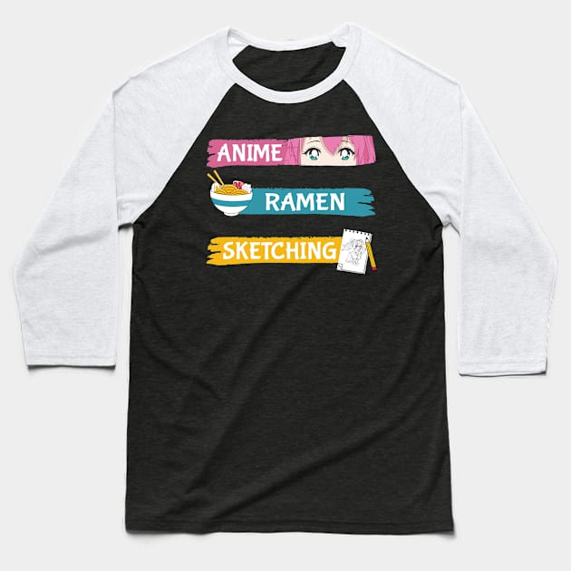 Anime Ramen Sketching Baseball T-Shirt by Vcormier